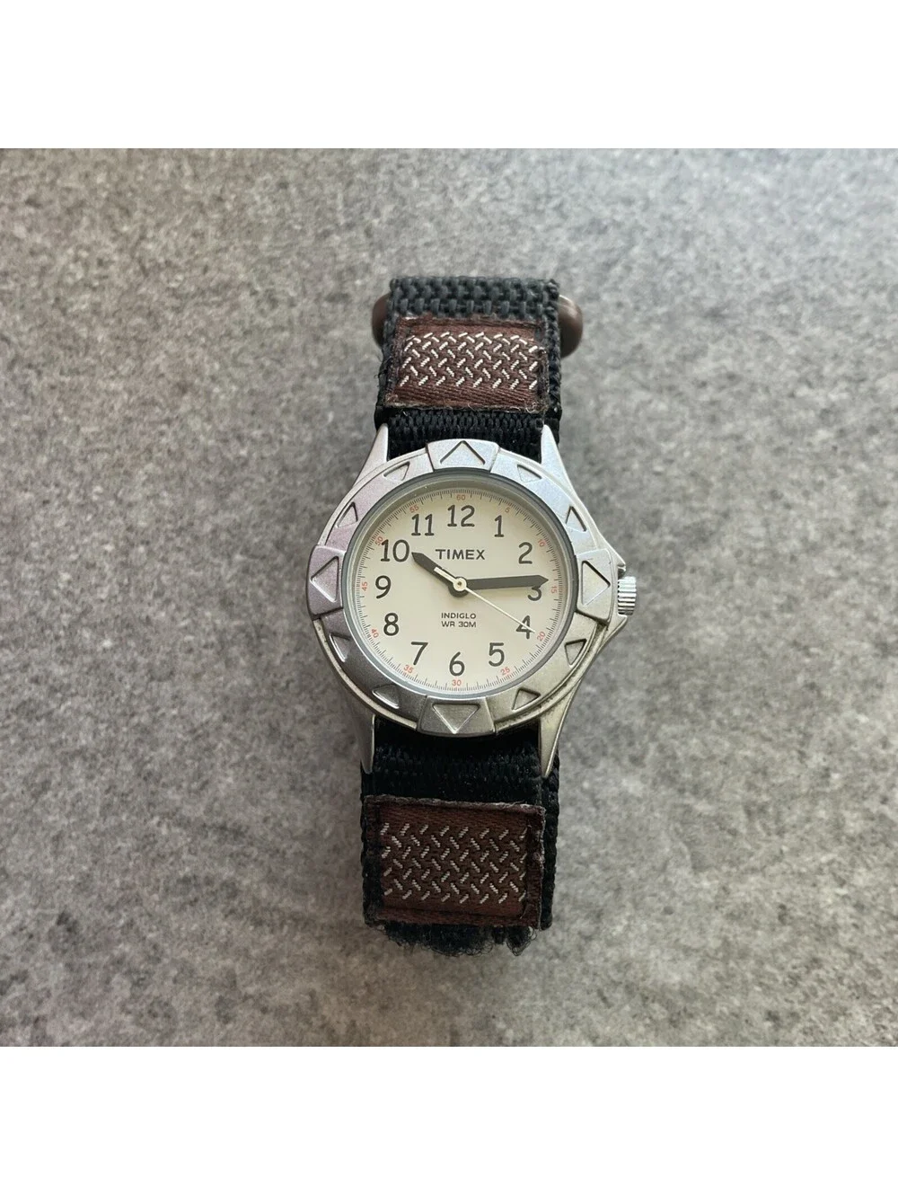 Timex Womens Watch 29mm Silver Tone Case White Indiglo Dial Nylon Band A14